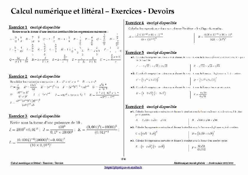 [PDF] Calcul numérique et littéral - Exercices - Devoirs - Physique et Maths