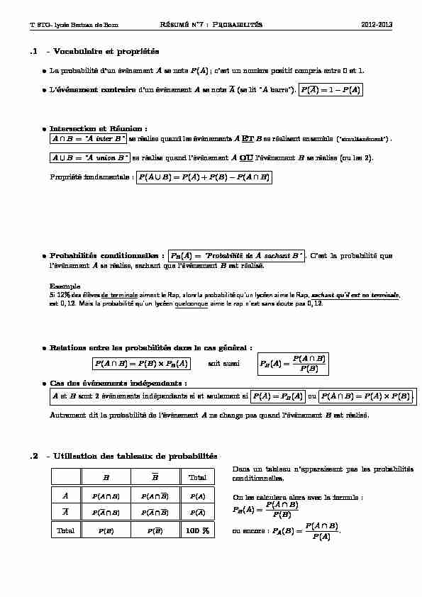 [PDF] Vocabulaire et propriétés 2 - Utilisation des tableaux de probabilités
