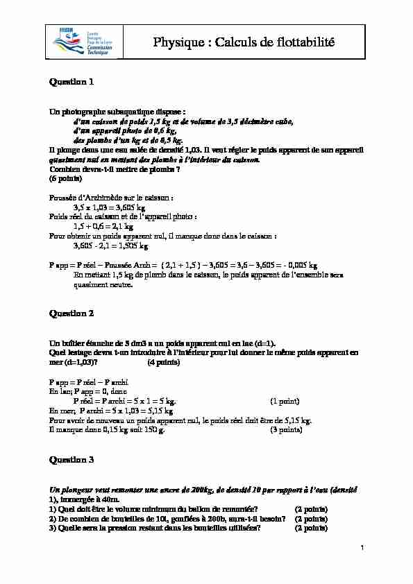 [PDF] Physique : Calculs de flottabilité - codep 81 ffessm