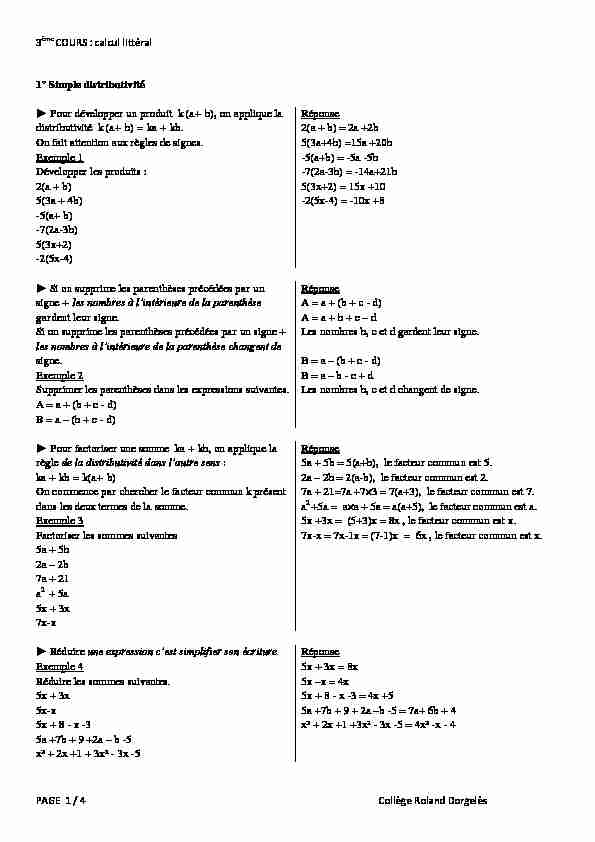 3ème COURS : calcul littéral PAGE 1 / 4 Collège Roland Dorgelès 1