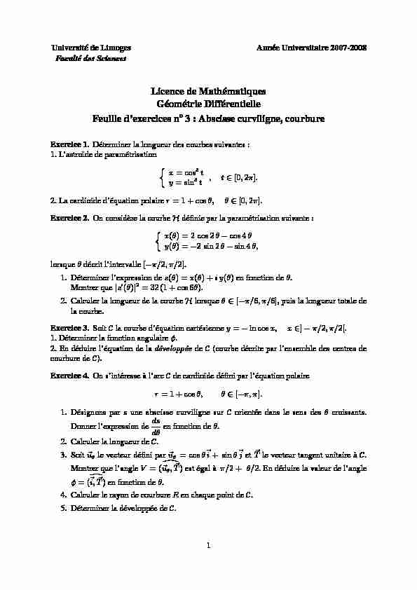 Licence de Mathématiques Géométrie Différentielle Feuille d