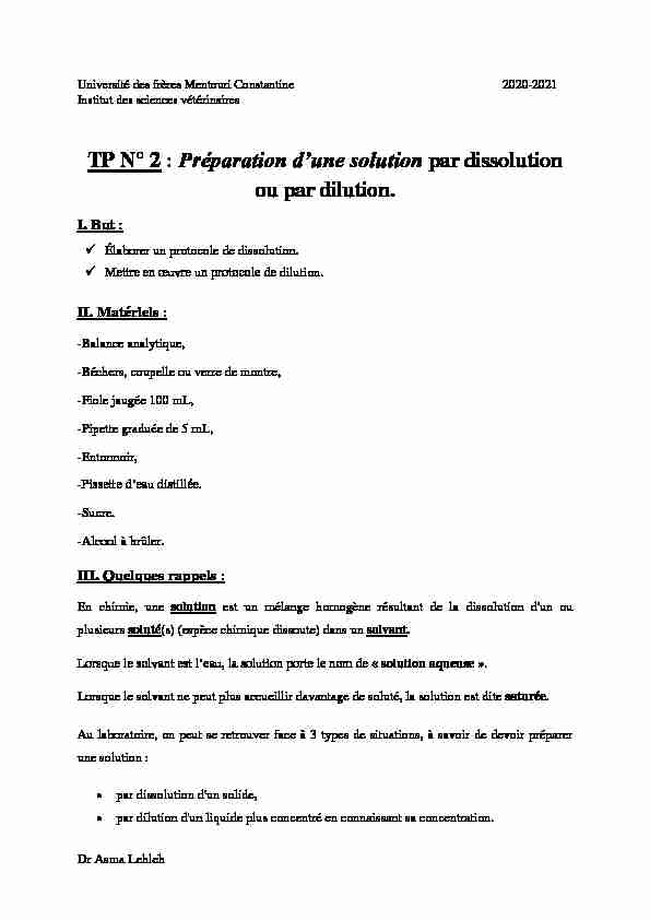[PDF] TP N° 2 : Préparation dune solution par dissolution ou par dilution