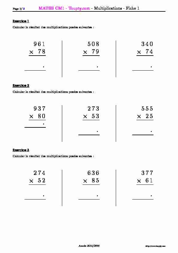 Exercices à imprimer Math CM1 - Multiplications