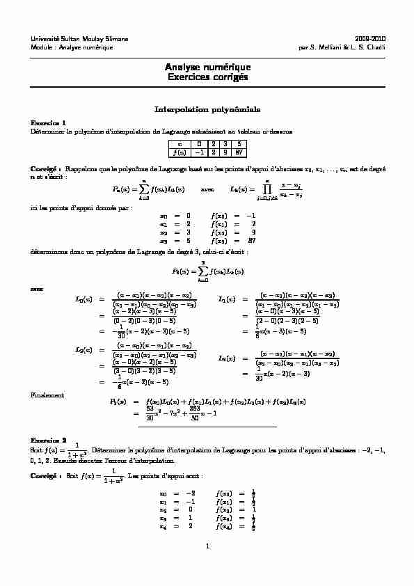 [PDF] Analyse numérique Exercices corrigés - Interpolation polynômiale