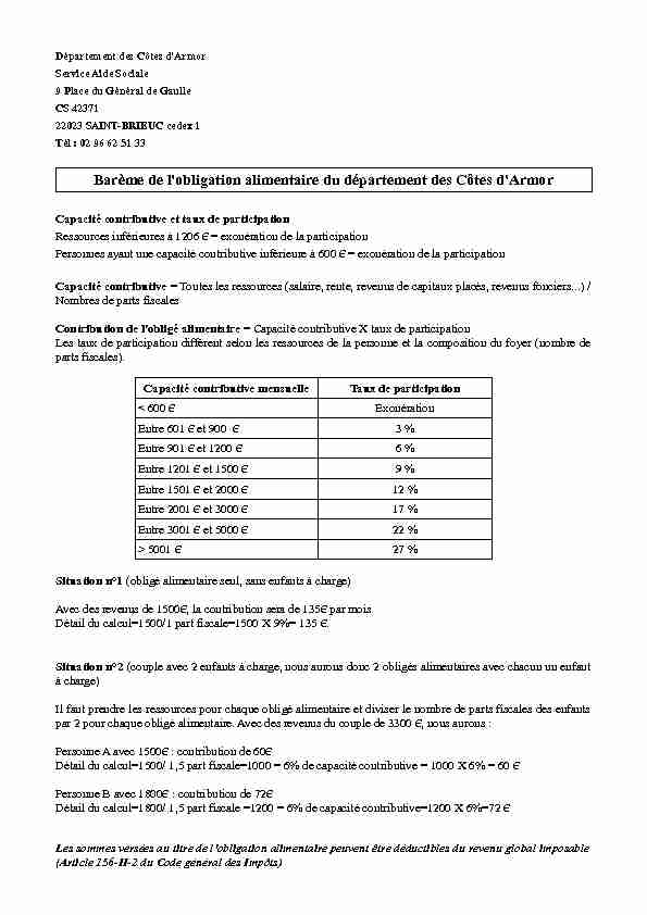 Barème de lobligation alimentaire du département des Côtes dArmor
