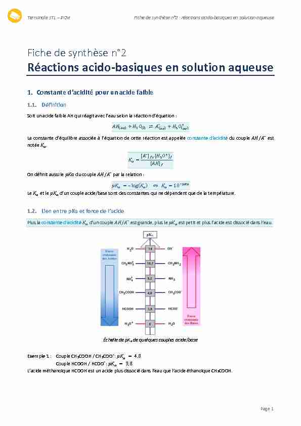 Fiche de synthèse n°2 - Réactions acido-basiques en solution