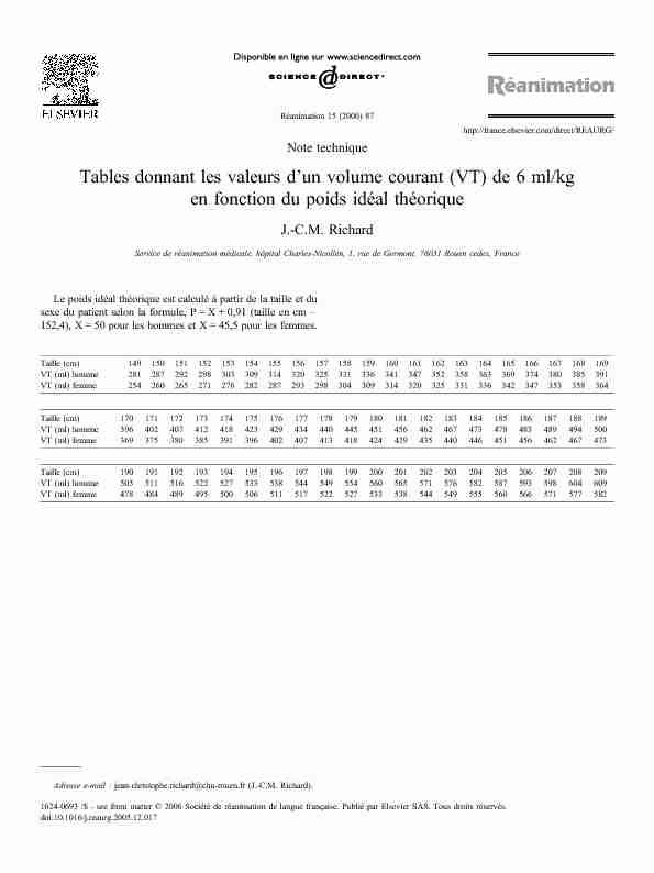 Tables donnant les valeurs dun volume courant (VT) de 6 ml/kg en