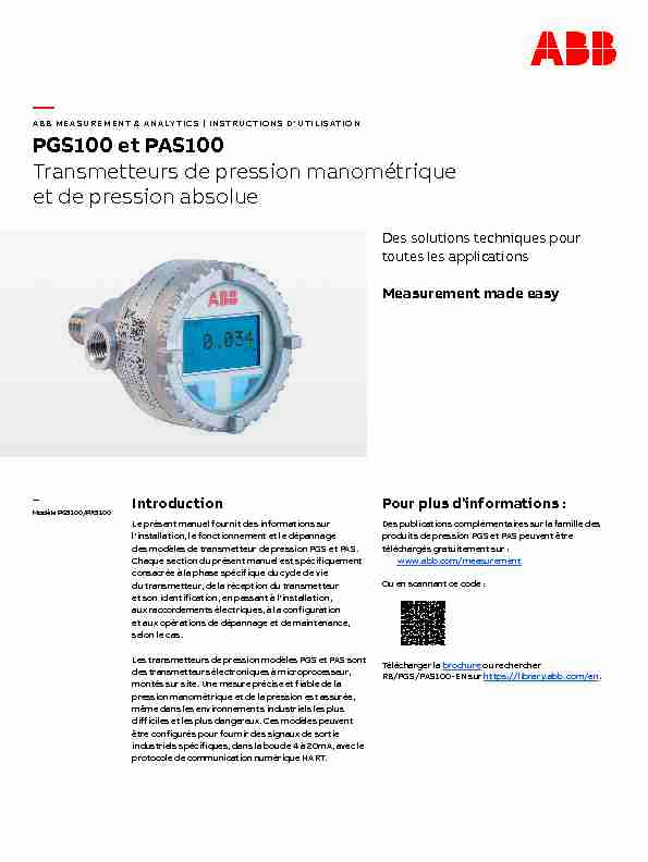 — PGS100 et PAS100 Transmetteurs de pression manométrique et