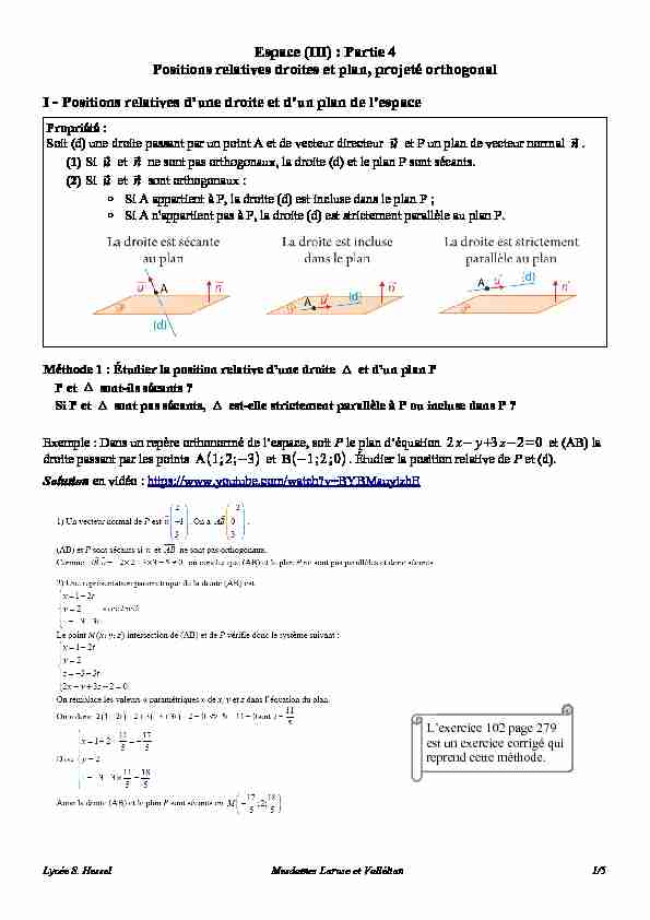[PDF] Partie 4 Positions relatives droites et plan projeté orthogonal I