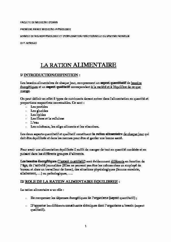 [PDF] LA RATION ALIMENTAIRE - Faculté de Médecine dOran