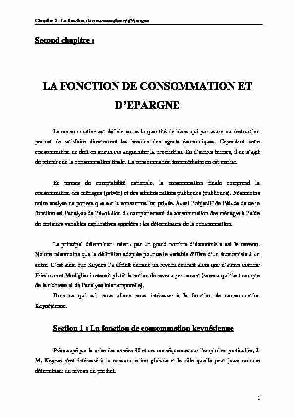 LA FONCTION DE CONSOMMATION ET D’EPARGNE