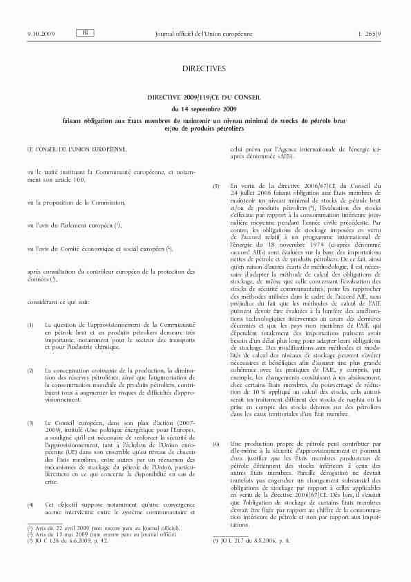Directive 2009/119/CE du Conseil du 14 septembre 2009 faisant