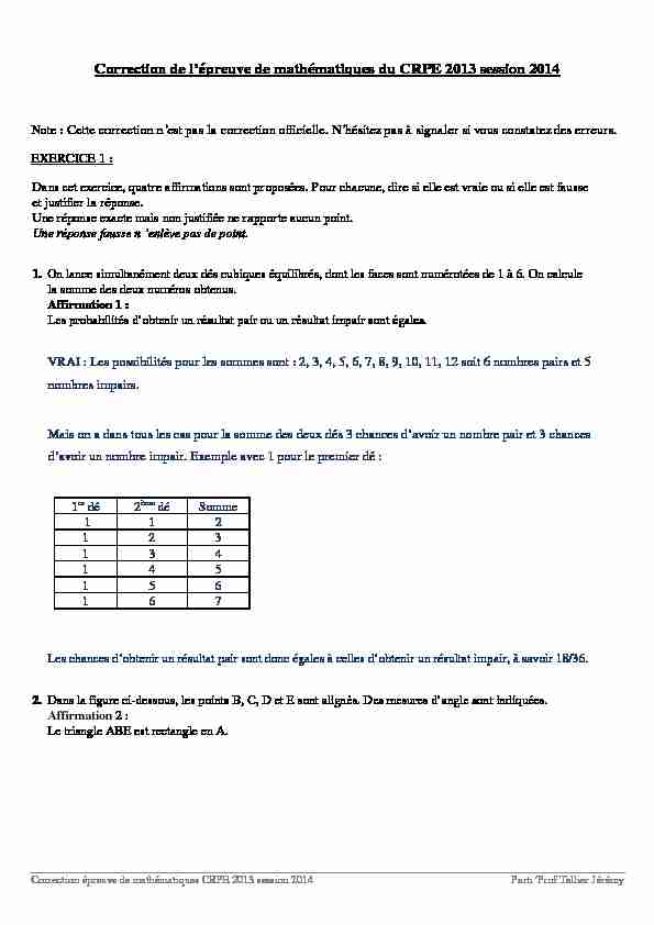 [PDF] Correction de lépreuve de mathématiques du CRPE 2013 session