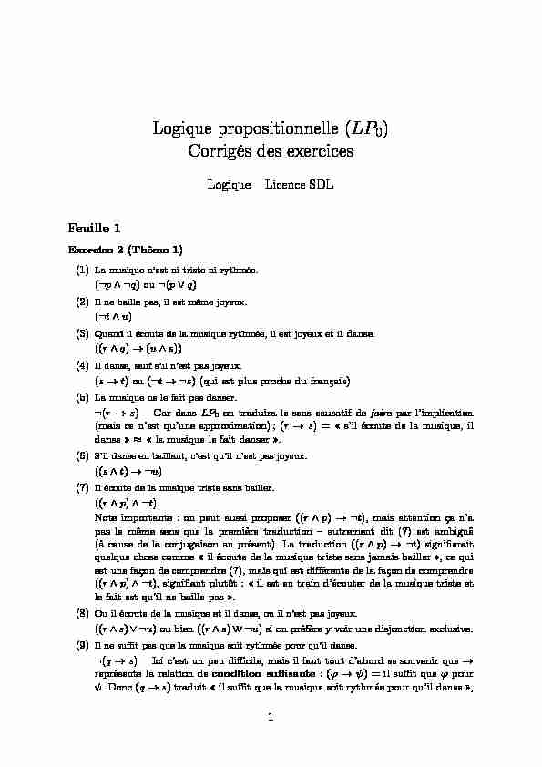 [PDF] Logique propositionnelle (LP0) Corrigés des exercices