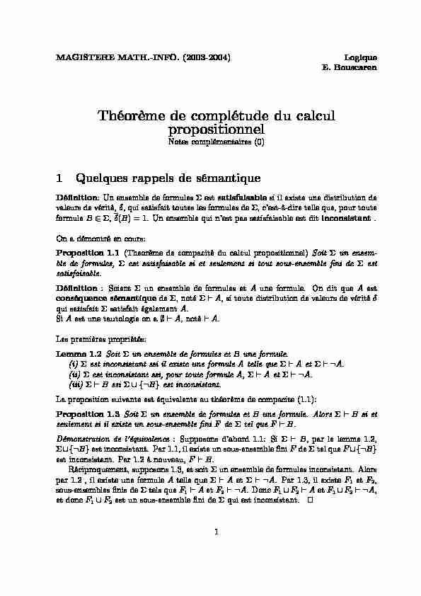 [PDF] Théorème de complétude du calcul propositionnel