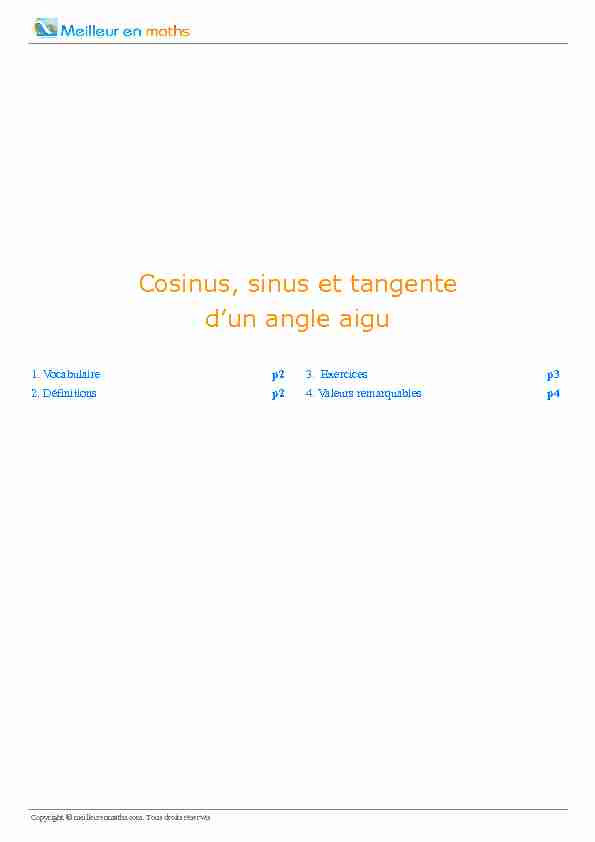 Cosinus sinus et tangente d’un angle aigu - Meilleur en Maths