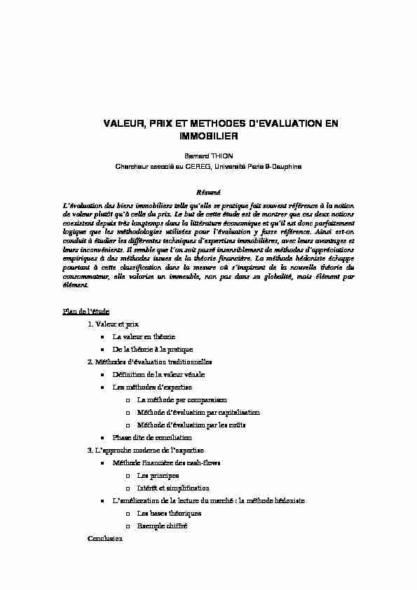 [PDF] VALEUR, PRIX ET METHODES DEVALUATION EN IMMOBILIER