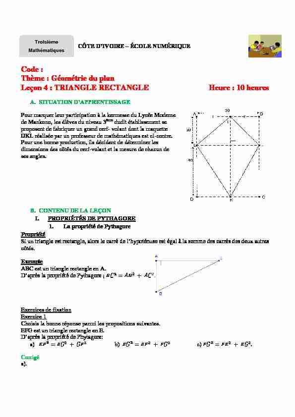 Code : Thème : Géométrie du plan Leçon 4 : TRIANGLE RECTANGLE