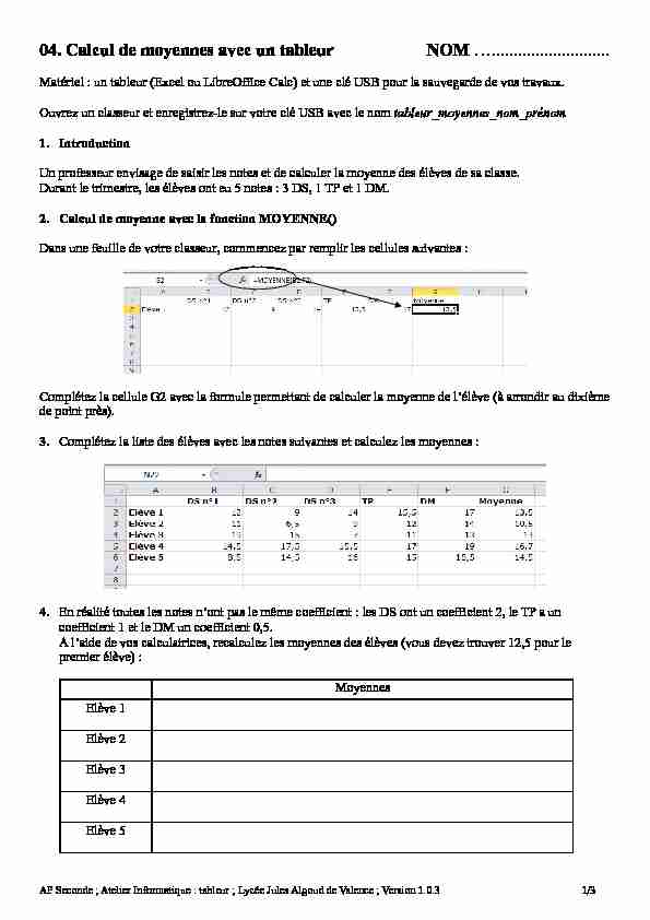 [PDF] 04 Calcul de moyennes avec un tableur NOM