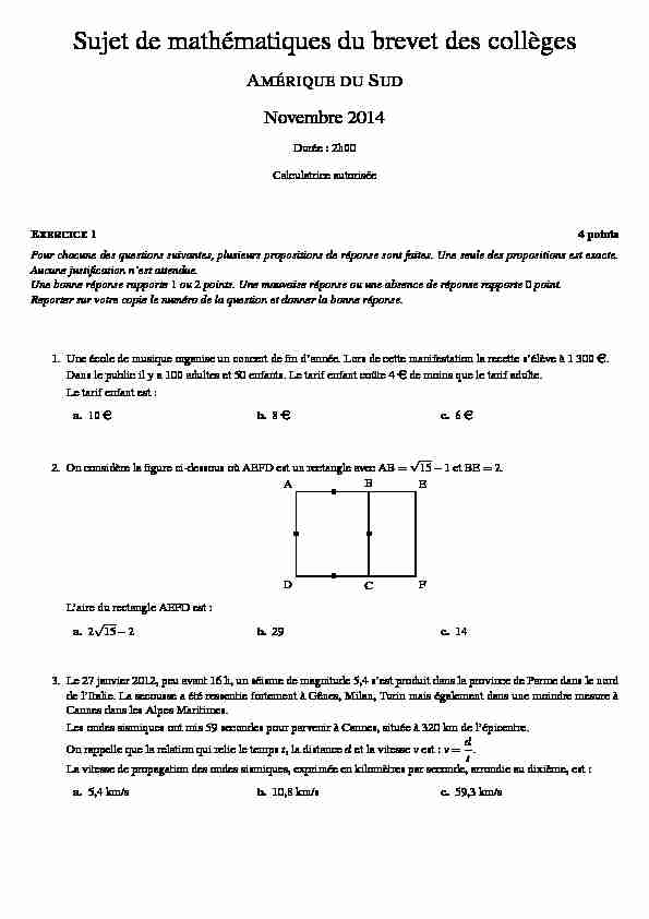 Sujet de mathématiques du brevet des collèges - ac3jfr
