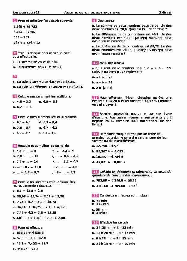 [PDF] Exercices cours 11 Additions et soustractions Sixième
