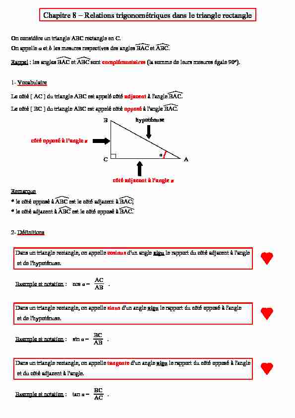 [PDF] Chapitre 8 – Relations trigonométriques dans le triangle rectangle