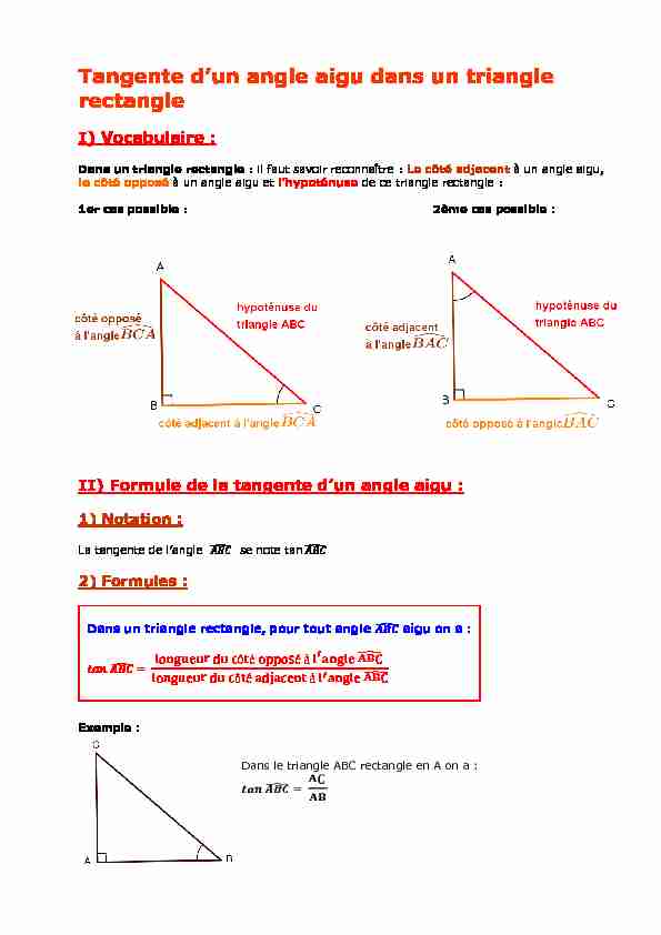 3e Tangente dun angle aigu dans un triangle rectangle