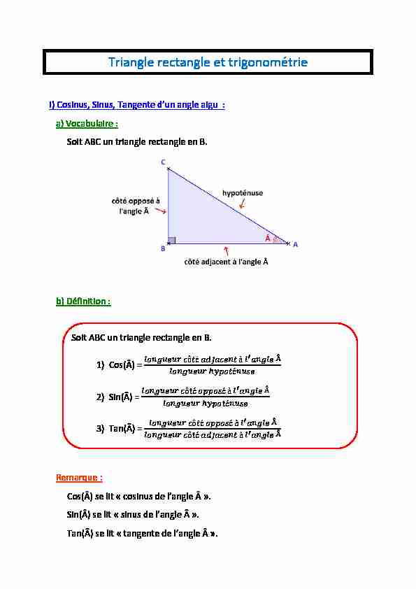 Triangle rectangle et trigonométrie