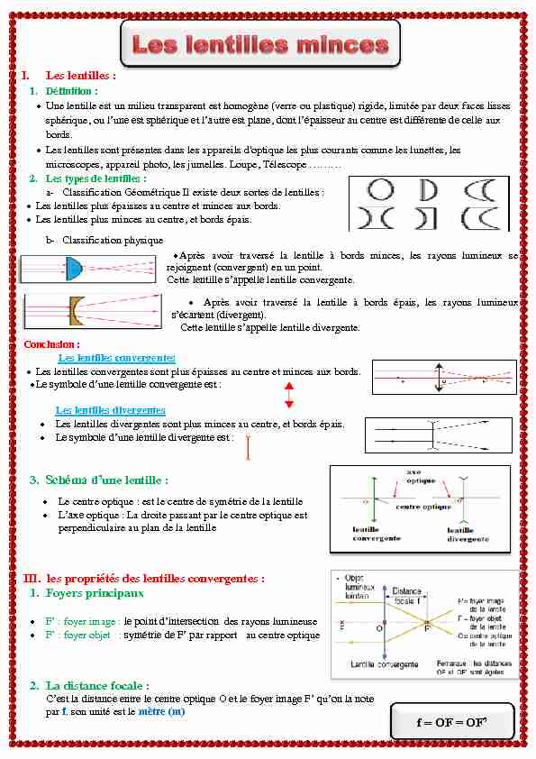 [PDF] III les propriétés des lentilles convergentes : 1 Foyers principau