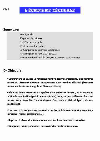 [PDF] Sommaire 0- Objectifs LÉCRITURE DÉCIMALE
