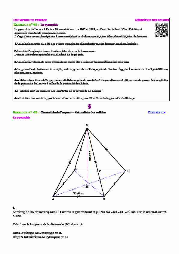 La pyramide EXERCICE NO 65 : Géométrie de lespace