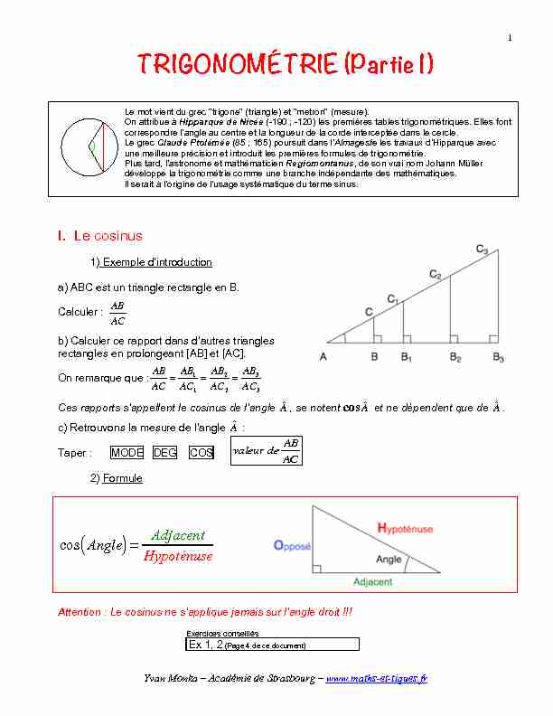 [PDF] TRIGONOMÉTRIE (Partie 1) - maths et tiques