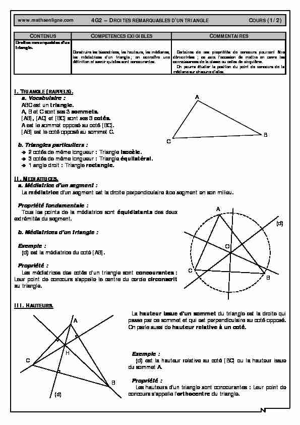 4G2 – DROITES REMARQUABLES DUN TRIANGLE COURS (1/2)
