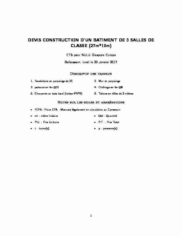 DEVIS CONSTRUCTION D’UN BATIMENT DE 3 SALLES DE CLASSE (27m*10m)