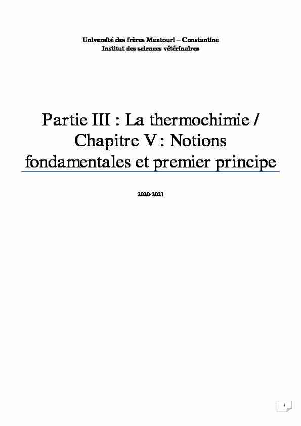 Partie III : La thermochimie / Chapitre V : Notions fondamentales et