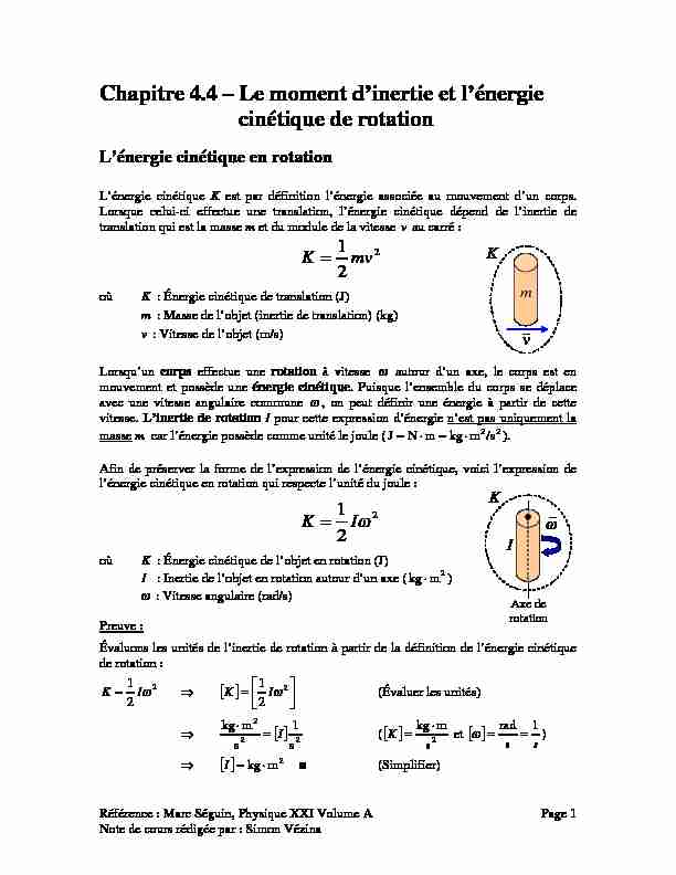 [PDF] Chapitre 44 –Le moment dinertie et lénergie cinétique de rotation