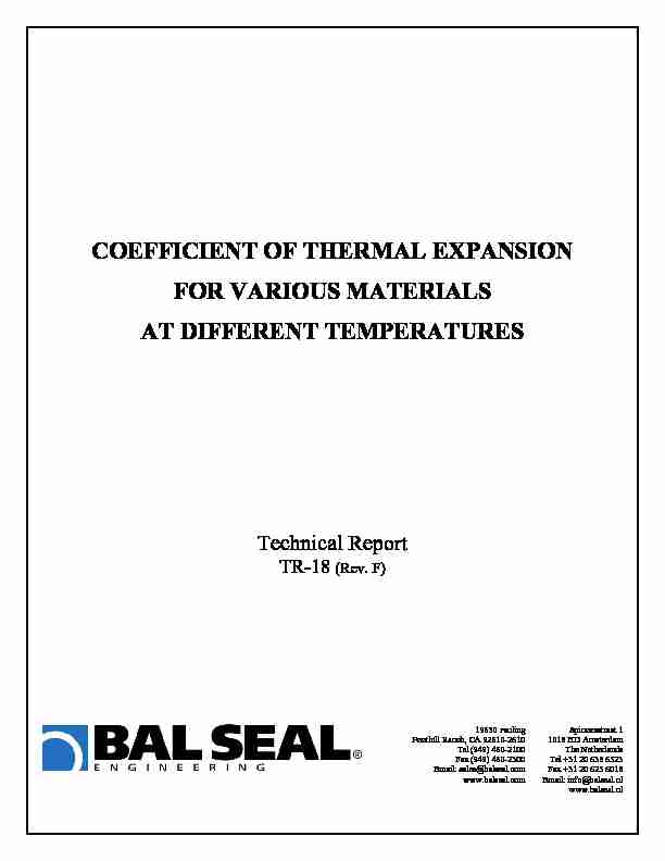 COEFFICIENT OF THERMAL EXPANSION FOR VARIOUS MATERIALS AT