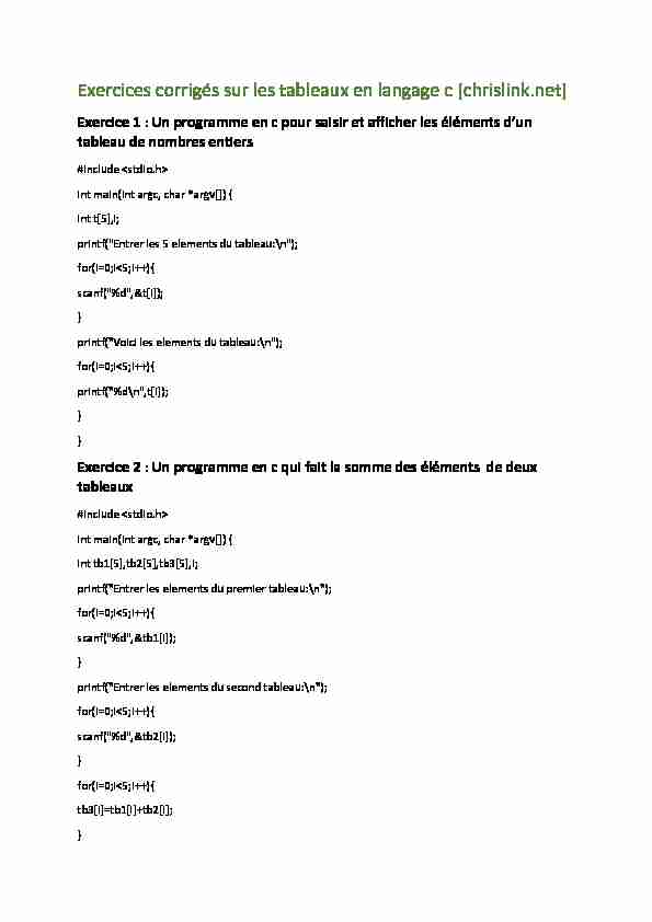 [PDF] Exercices corrigés sur les tableaux en langage c [chrislinknet]