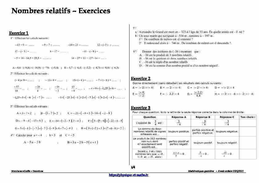[PDF] Quatrième - Nombres relatifs - Exercices - Physique et Maths