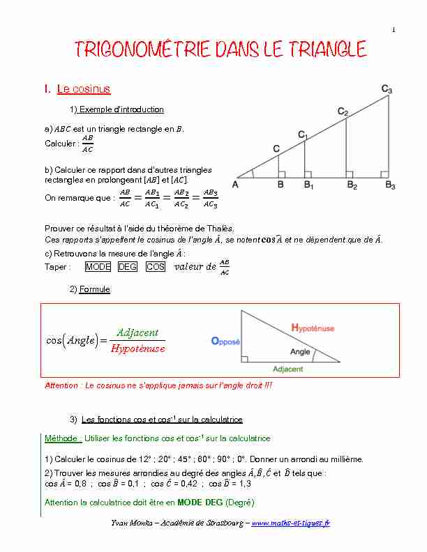 [PDF] TRIGONOMÉTRIE DANS LE TRIANGLE ( )= - maths et tiques