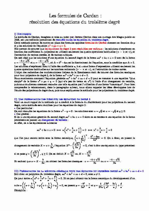 Les formules de Cardan : résolution des équations du troisième degré