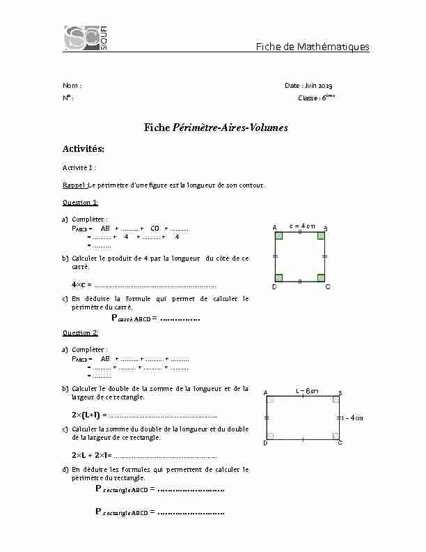 Fiche de Mathématiques Fiche Périmètre-Aires-Volumes