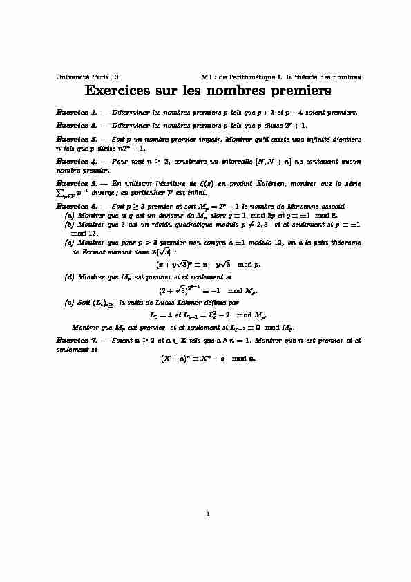 Exercices surles nombrespremiers - Université Sorbonne Paris