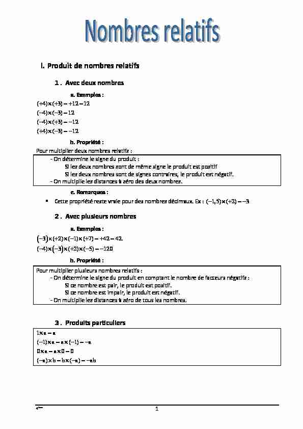 [PDF] I Produit de nombres relatifs ( ) ( )