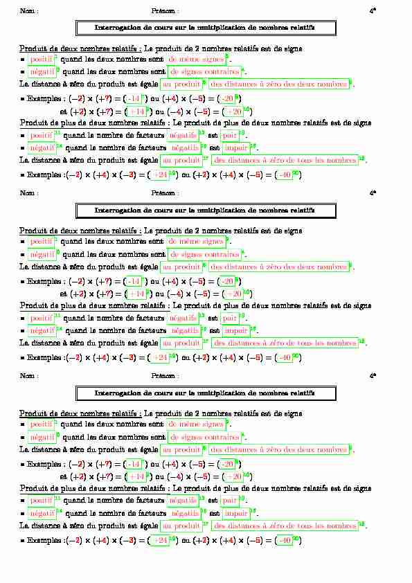 [PDF] Produit de deux nombres relatifs : Le produit de 2 nombres relatifs