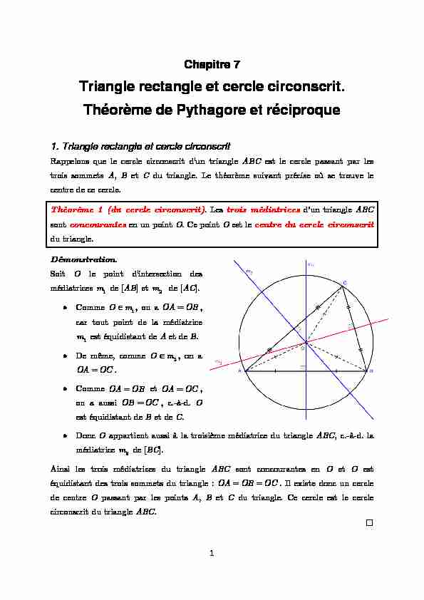 Triangle rectangle et cercle circonscrit Théorème de