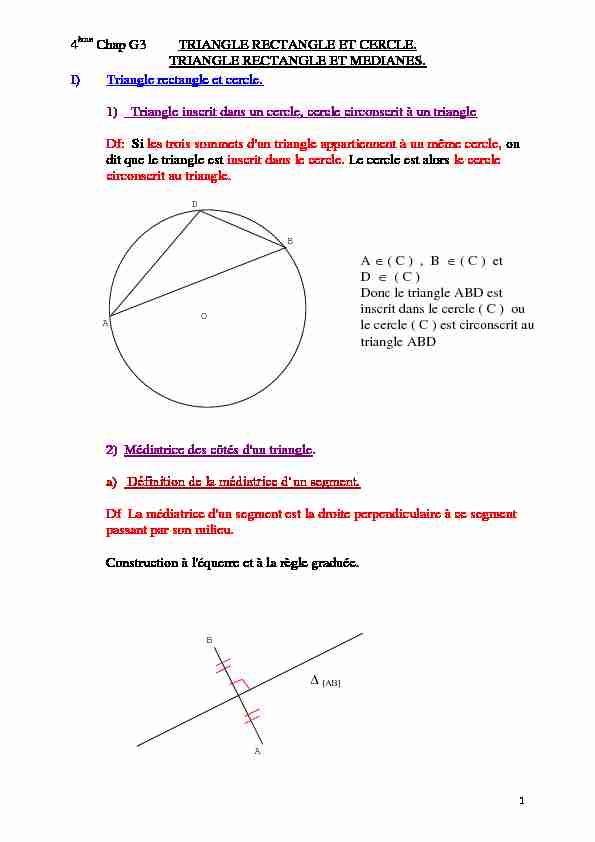 4 Chap G3 TRIANGLE RECTANGLE ET CERCLE. TRIANGLE