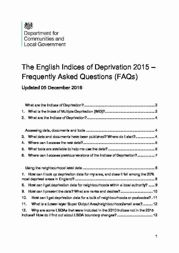 The English Indices of Deprivation 2015 – Frequently Asked