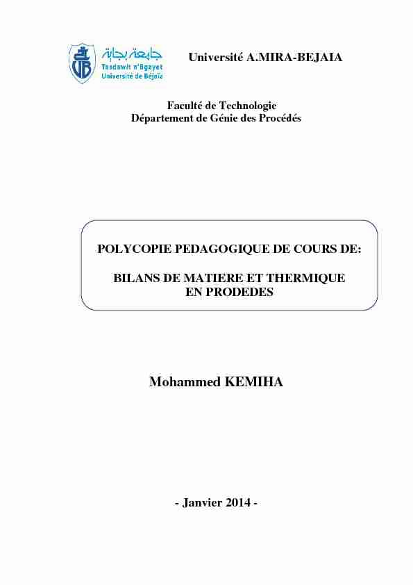 [PDF] Cours de Bilans de Matière et Thermique