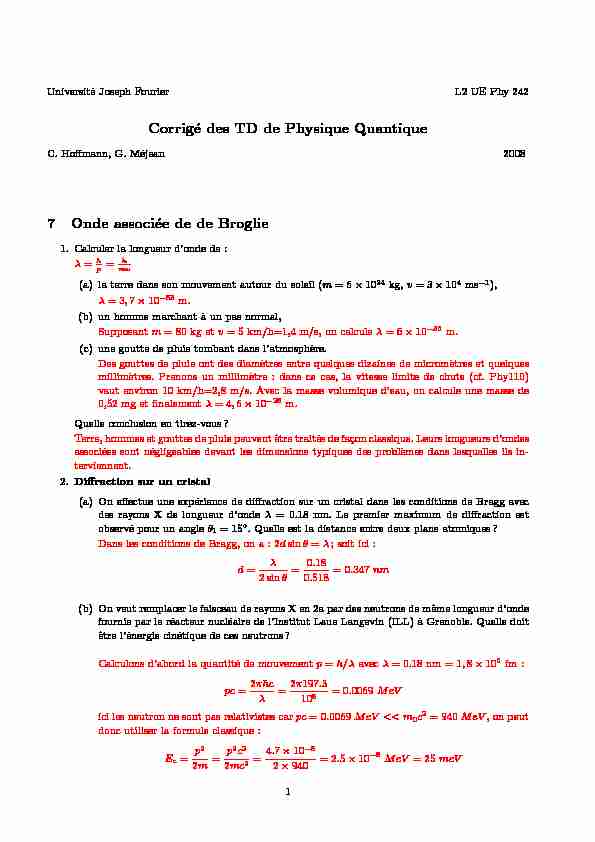 [PDF] Corrigé des TD de Physique Quantique 7 Onde associée de de